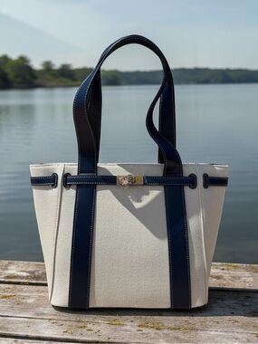 Steve Madden Banchor Boatkin Cream Canvas Tote with Navy Trim